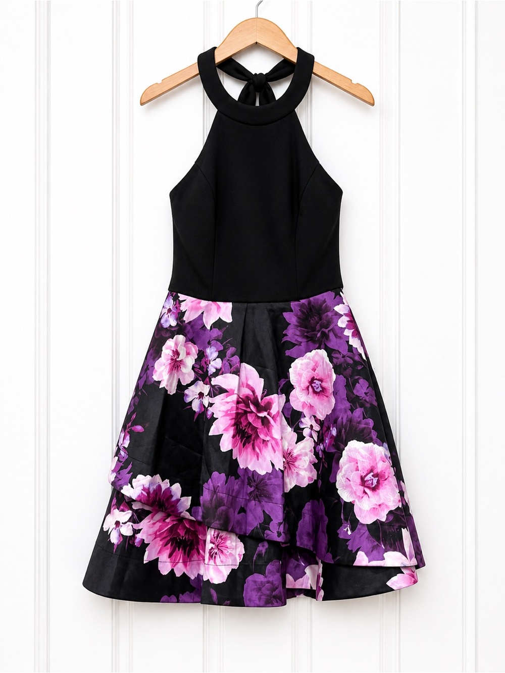 B Darlin Black Floral Halter Homecoming Dress Juniors 5/6 Fit Flare Formal